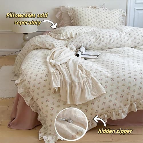 BuLuTu 100% Cotton Muslin Duvet Cover Twin for Kids Girls Boys, Shabby Chic Azalea Floral Duvet Covers Vintage Farmhouse Comforter/Quilt Cover with Ruffles, 68"x86", Zipper Closure, No Pillow thumbnail 2