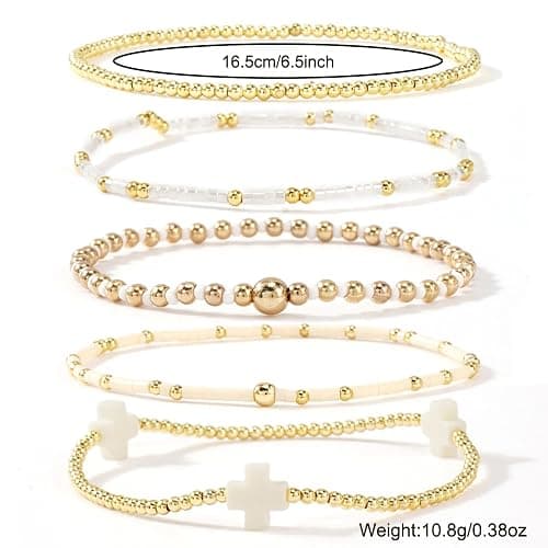 EQUBIO Gold Beaded Cross Bracelet for Women, 14K Plated Adjustable Stackable Dainty Bracelets, Non Tarnish Fashion Jewelry Set Gifts for Women Birthday Friendship thumbnail 9