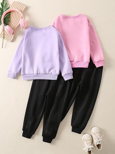 Fdqin Girls Graphic 4 Piece Outfits Heart Print Workout Hoodie and Sweatpants Fall Winter Clothing Set 4-12 Years thumbnail 2