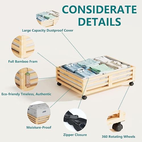 Bamboo Under Bed Storage with Wheels Rolling Underbed Drawer with Lids | 360° Lockable Wheels,120lbs Load Capacity,Multi-scene,Dustproof Storage Bag,Sturdy Wood Shoe Storage,Clothes Storage Drawers thumbnail 3