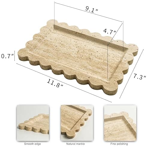 Natural 100% Marble Vanity Tray Luxury Scalloped Marble Storage Rectangle Italian Travertine Tray for Home Decor Stone Tray for Bathroom/Kitchen/Candle Key (Rectangle-11.8 * 7.4-Beige Travertine) thumbnail 3