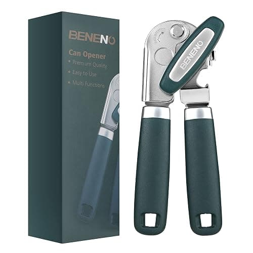 Beneno Heavy Duty Hand Can Opener Manual with Magnet, Durable Sharp Carbon Steel Blade Smooth Cutting, Big Effort-Saving Knob & Soft Grip Handle, Multifunctional Kitchen Tool with Bottle Opener, Green - Image 1