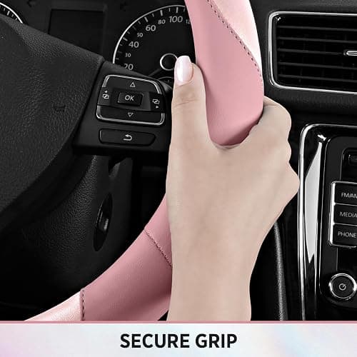 Road Comforts Steering Wheel Cover – Breathable Leather Steering Wheel Cover, Anti-Slip Grip, Universal Fit 14.5” to 15”, Heat & Cold Resistant for Cars, SUVs, and Trucks – Shining Pink & Pink thumbnail 6
