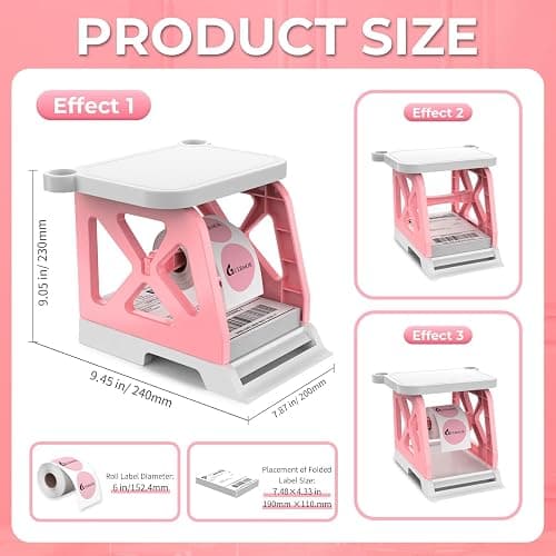 Guermok 3-in-1 Thermal Label Holder Stand for Printer Desk Organizer for Roll & Fan-Fold Labels, Cable Management, Easy Assembly for Home, Office, Retail & Small Business Pink thumbnail 2