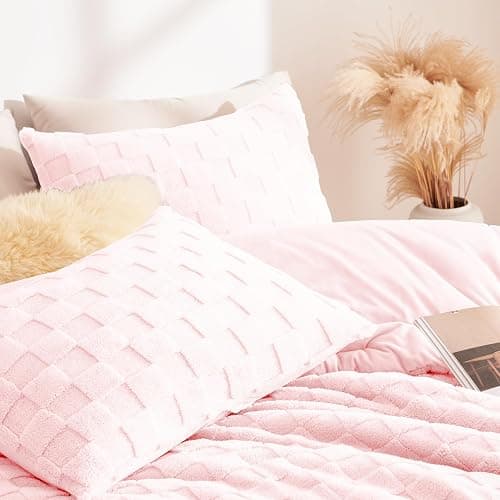 CozyLux Fleece Queen Comforter Set Blush Pink,Super Soft & Warm Fluffy Bedding with Checkered Pattern,Luxury Fuzzy Heavy Bed Set for Winter,3 Pieces,1 Comforter and 2 Pillowcases thumbnail 7