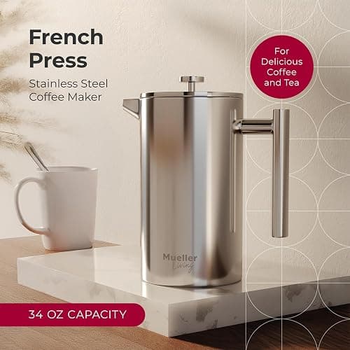 MuellerLiving French Press Coffee Maker 34oz, Stainless Steel French Press Coffee, 4 Filter Heat Resistant Double Insulated, Rust-Free, Food Grade, Dishwasher Safe Coffee Pot thumbnail 4