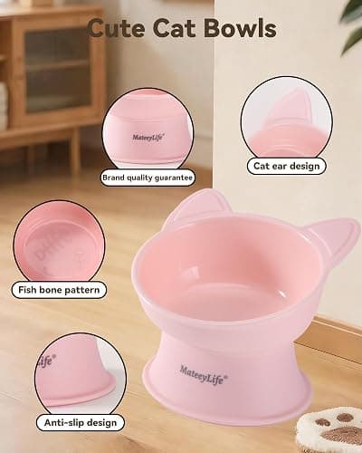 MateeyLife Raised Cat Bowls, Cat Food Bowl Elevated for Kittens & Small Dogs, 15°Tilted Protect Pets' Neck and Anti Vomiting, Whisker Friendly Food & Water Feeding Bowl, 6 oz Each - Pink thumbnail 5