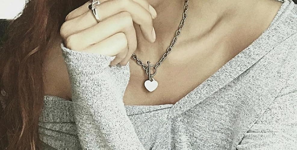 High Polished Stainless Steel Heart Charm Cable Chain Necklace with Toggle Clasp Silver Length 16"- 25" thumbnail 2