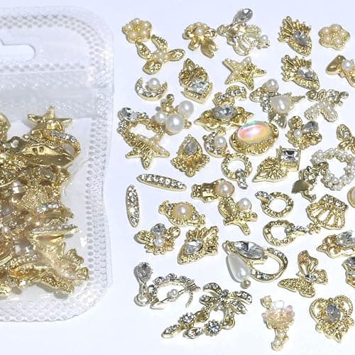 Dornail 50 Stück Gold Nail Charms,Mix Styles Glitzersteine Nägel Perle Legierung Nagel Steine Blume Schmetterling Strasssteine Nägel Herz Stern Nagel Charms DIY Nail Art Zubehör Frauen nägel Deko thumbnail 8