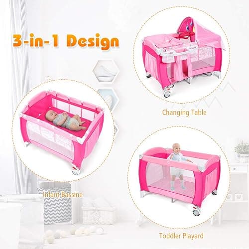 Costzon 4 in 1 Pink Pack and Play with Bassinet, Portable Baby Playard with Adjustable Canopy, Side Zipper Entrance, Music Box, Wheels/Brake, Foldable Infant Pink Bassinet for Baby Girl Toddlers thumbnail 6