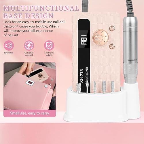 Electric Nail File Professional Kit - 45000RPM Portable Nail Drill Electric File with 11 Bits & Base丨LED Screen丨Ultra-Silent, Rechargeable Nail Drills Machine for Acrylic Nails Gel Polishing (Pink) thumbnail 2
