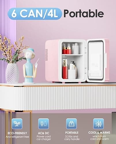 CUTIEWORLD Skincare Fridge with Dimmable LED Light Mirror, 4L Mini Fridge For Desktop, Travel or Cool & Heat, Makeup Fridge for Cosmetics, Skin Care and Food, Pink thumbnail 2