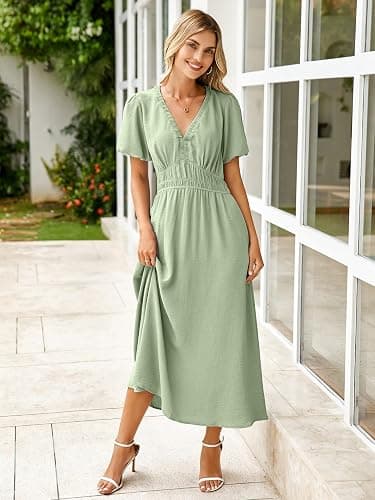 Simplee Women's Summer Flowy Midi Dress Casual V Neck Short Sleeve Empire Waist Boho Beach Wedding Guest Dresses thumbnail 3