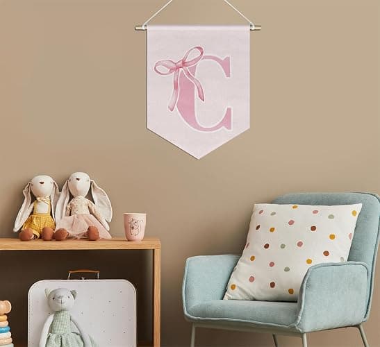 foedor initial Personalized Preppy Canvas Hanging Pennant Flag Banner, Coquette Pink Bow Teen Girl Gifts,Trendy Cute Monogrammed Gifts Wall Decor for Women Teen Girl Nursery bedroom(C) - pinkC thumbnail 5
