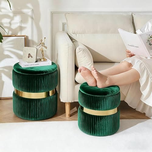 2BYF Round Ottoman with Storage Set of 2 Vanity Stool Foot Rest with Removable Lid for Bedroom Green Velvet Storage Ottoman Stool for Living Room Bedroom and Dorm thumbnail 4
