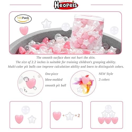 Heopeis Ball Pit Balls 100 200 500 1000 Plastic Balls for Toddlers Phthalate Free BPA Free Crush Proof Balls in Reusable Play Toys for Kids with Storage Bag Indoor Outdoor - Pink+pearl White+clear - 100 thumbnail 3