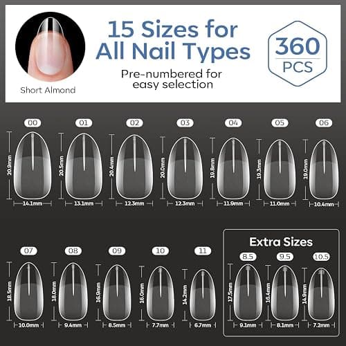 modelones Short Almond Nail Tips, 360pcs Pre-etched Clear Soft Press On Fake Nails Full Cover Half Matte Acrylic Gel Tips Extension for Salon & Home Use 15 Sizes thumbnail 7