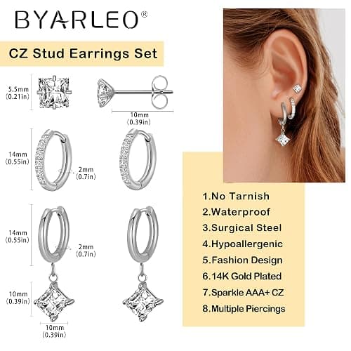 Surgical Steel Drop Dangle Small Huggie Hoop Earrings Set 14K Gold Plated Hypoallergenic CZ Stud Earrings for Women Waterproof and Non Tarnish thumbnail 2