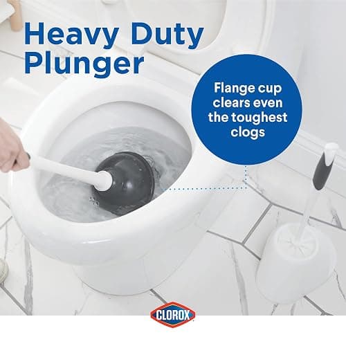 Clorox Toilet Plunger and Bowl Brush Combo Set with Caddy, 6.75" x 7" x 19.5", White/Gray, Pack of 2 - Plunger and Toilet Bowl Brush, Heavy Duty Plunger, Toilet Cleaning Brush, Freestanding Caddy thumbnail 3