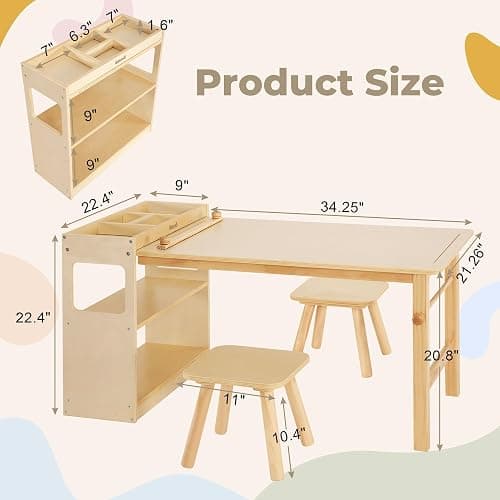 Bateso Kids Art Table and 2 Chairs Set with Roll Paper & Storage, Wooden Kid Craft Table for Drawing, Learning and Reading, Toddler Activity Play Desk for Home, Playroom or Classroom thumbnail 2