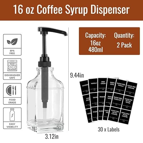 STARSIDE 16 oz Coffee Syrup Dispenser,2 pcs Clear Glass Syrup Bottle with 1/4oz Capacity Pump,Syrup Dispenser for Coffee Bar with Plastic Pump and Syrup Labels - 2 thumbnail 3