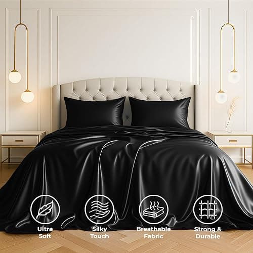 Pure Bedding Satin Sheets Queen [4-Piece, Black] Hotel Luxury Silky Bed Sheets - Extra Soft 1800 Microfiber Sheet Set, Wrinkle, Fade, Deep Pocket Fitted Sheet, Flat Sheet, Pillow Cases thumbnail 2