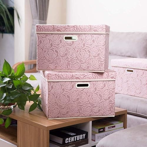 PRANDOM Larger Collapsible Storage Boxes with Lids Fabric Decorative Bins Cubes Organizer Containers Baskets Handles Divider for Bedroom Closet Living Room Pink 17.7x11.8x11.8 Inch 3 Pack thumbnail 2