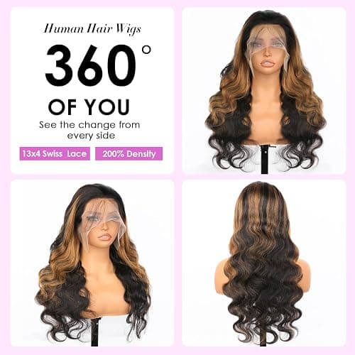 Vemalin Highlight Ombre Lace Front Wig Human Hair Body Wave Lace Front Wigs Human Hair Pre Plucked 13x4 1B/30 Brown Highlight Wig 200 Density Colored 26 Inch Balayage Wigs for Women thumbnail 3