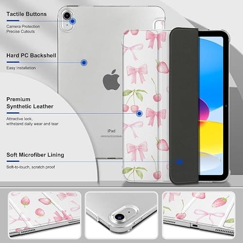 DONGKE for iPad 11th Generation Case 11 Inch 2025 (A16 Chip) & iPad 10th Generation 10.9 Inch 2022, Slim Foldable Stand Hard PC Translucent Back Shell Smart Cover - [Auto Wake/Sleep] - Cherries thumbnail 3