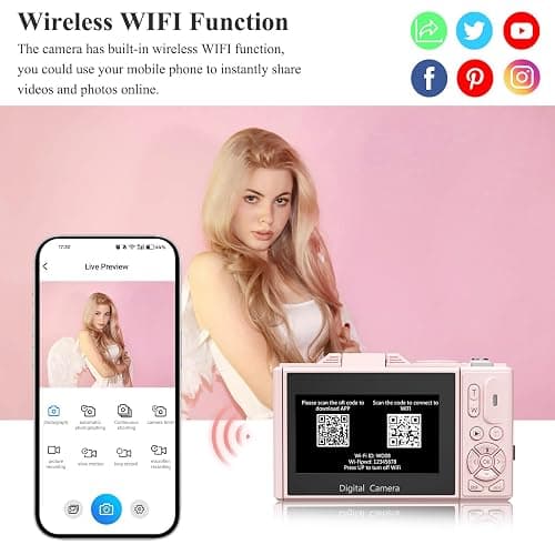 4K Digital Camera for Photography, 64MP Vlogging Camera for YouTube, WiFi Vlog Cameras with 18X Digital Zoom, 3'' Flip Screen and 32GB TF Card, Pink thumbnail 3