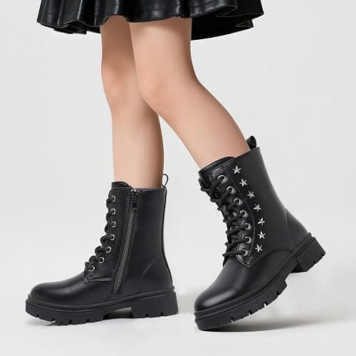 Ahannie Girls Combat Boots Kids Black Boots with Side Zipper | Easy On/Off, Cushioned Comfort, Lace-Up for Fit, Cute Star Detail thumbnail 2