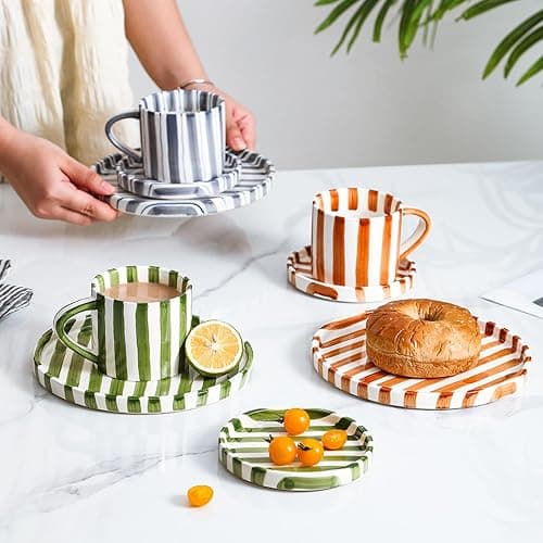 CACXKEP 8 Oz Coffee Mug Large Espresso Cups With Saucer Ceramic Coffee Mugs Porcelain Coffee Cup With Saucer Hand-Painted Striped Art Cup And Saucer,C thumbnail 9