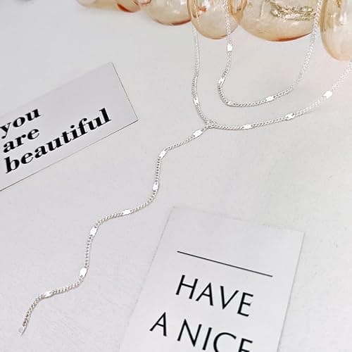 Luxval Lariat Silver Necklace for Women, Dainty Long Necklace Silver Y-Shaped Pendant Necklaces Trendy Beaded Chain Drop Necklaces Jewelry for Women Gifts thumbnail 6