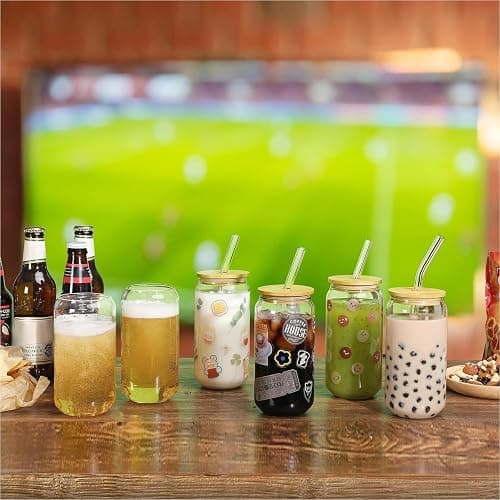 NETANY [ 8pcs Set ] Drinking Glasses with Bamboo Lids and Glass Straw - 16oz Glass Cups, Beer Glasses, Iced Coffee Glasses, Cute Tea Cup, Ideal for Cocktail, Whiskey, Gift - 2 Cleaning Brushes thumbnail 2