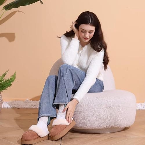 OOW Fuzzy Platform Slippers for Women - Women's Casual Winter House Slippers - Brown, Faux Fur & Shearling Blend - Women's Size thumbnail 2