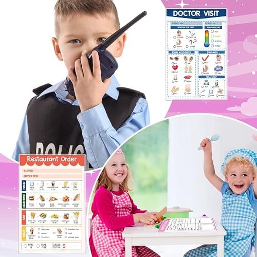 Eaasty 15 Pcs Kids Pretend Game Cards Set Include 6 Reusable Dry Erase Pads 6.3" x 8.7" 1 Canvas Bag 8 Erasable Markers for Imaginative Role Playtime Doctor Police Teacher Vet Coffee Restaurant thumbnail 5