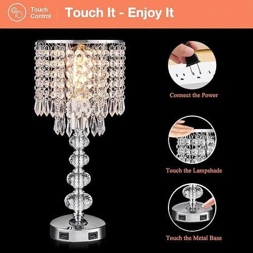 Acaxin Crystal Table Lamps for Bedroom Nightstand - Touch Bedside Lamps with Two USB Charging Ports Silver, 3 Way Dimmable Small Glam Lamp for Girls, Night Stand Lamp for Living Room thumbnail 4