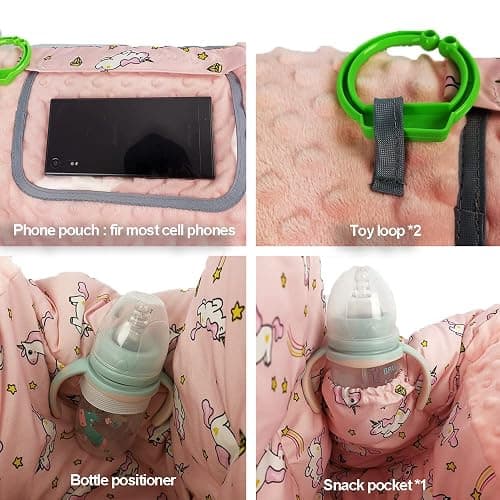 RHYDEER Shopping cart Cover for Babies-high Chair Cover, Dotted Minky Touching, Multi in 1 Design, 360 Full Protection, roll in and go, Universal fit, Pink Unicorns - Pink unicorns thumbnail 3