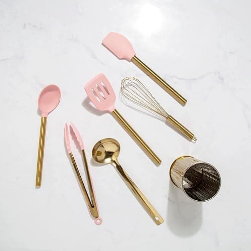 Paris Hilton Kitchen Set Tool Crock with Silicone Cooking Utensils, Stainless Steel Whisk and Ladle, 7-Piece, Pink and Gold thumbnail 9