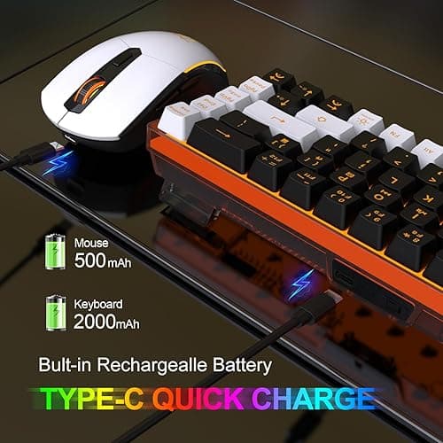 Snpurdiri 60% Wireless Gaming Keyboard and Mouse Combo,Orange Backlit Rechargeable 2000mAh Battery,Mini Mechanical Feel Anti-ghosting Keyboard + Popular RGB Mice for Gaming, Office(Black-White) thumbnail 4