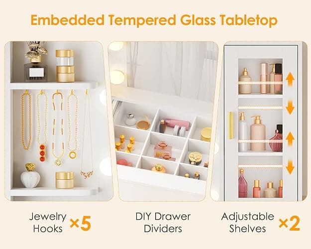 ANWBROAD Large Dressing Table with Mirror and Lights,White Makeup Vanity Desk with Glass Top and Power Outlet 8 Drawers 5 Hooks Nightstand Vanity Table for Bedroom Women Girls YBDT88W thumbnail 5