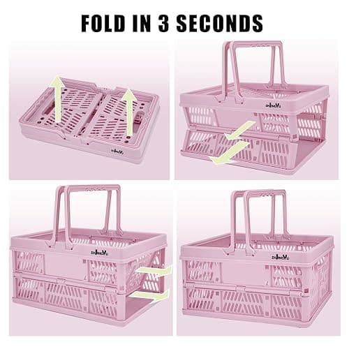 Pink crates for storage,plastic baskets for organizing,14.96" x9.84"x 7.87" collapsible shopping basket,20L foldable crate with Handles,Car Milk Dairy crate for Kitchen,Bathroom,school,office thumbnail 6
