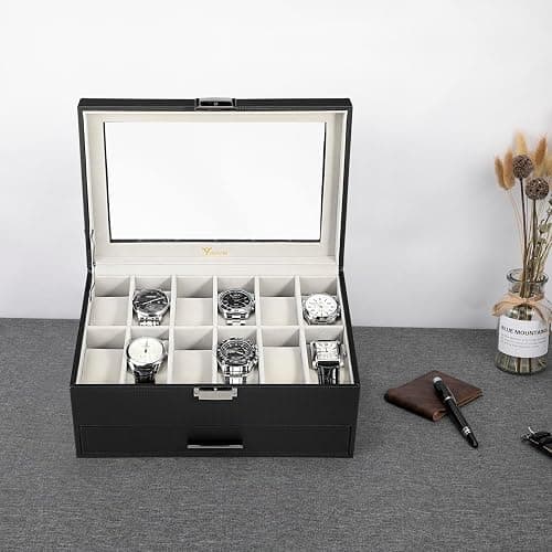 Voova Jewelry Box Watch Boxes Organizer for Men Women, 2 Layer Large 12 Slot PU Leather Watch Storage Case, Glass Top Jewelry Display Holder for Watches Sunglasses Rings Necklaces Bracelets,Black+Grey thumbnail 2