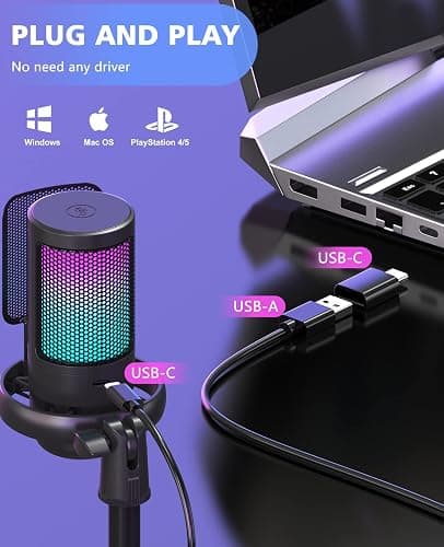 NJSJ USB Microphone for PC, Gaming Mic for PS4/ PS5/ Mac/Phone,Condenser Microphone with Touch Mute, RGB Lighting,Gain knob & Monitoring Jack for Streaming,Podcasting (with Desktop Stand, Black) thumbnail 6