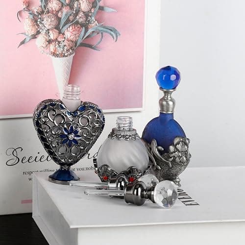 15ml Vintage Glass Perfume Bottle with Antique Silver Flower Figurine - Refillable Empty Decorative Bottle for Essential Oils - Girl or Women Gift for Dresser Table Decor thumbnail 2