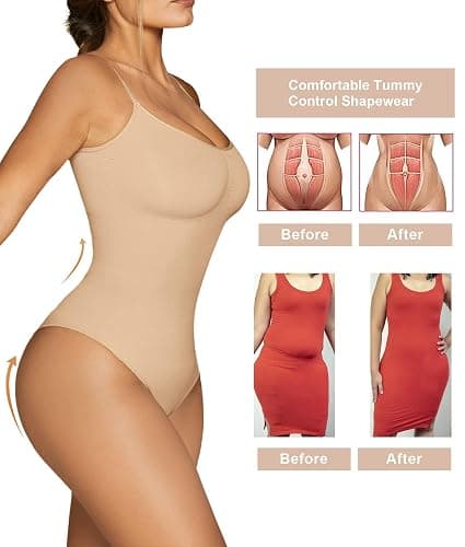 SHAPERX Women's Seamless Shapewear Bodysuit Tummy Control Body Shaper Waist Snatching Body Suit thumbnail 6