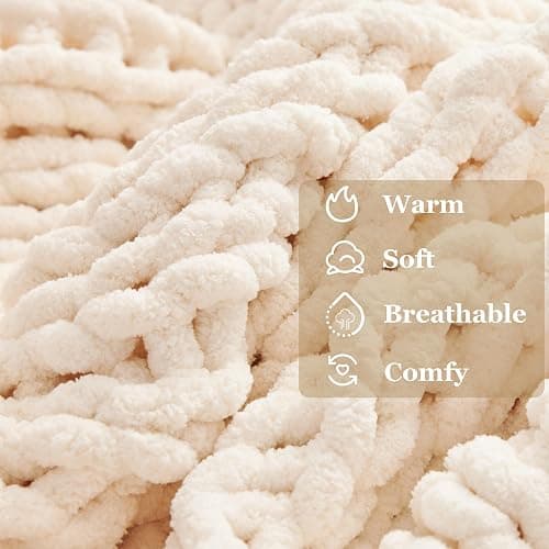 Cream White Throw Blanket, 50" x 60" Chunky Knit Blanket, Handmade Warm & Soft Chenille Throw Blanket, Washable Decorative Knit Blanket with Jumbo Chenille Yarn for Couch Bed Sofa thumbnail 3