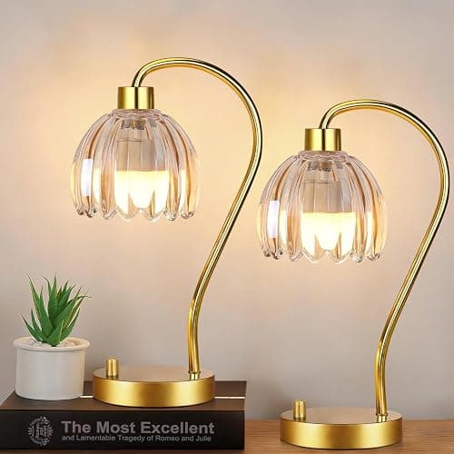 ILLMTW Small Table Lamp Set of 2,Gold Bedside Lamps Dimmable Boho Bedroom Lamp with Glass Tulip Flower Amber Lamp Shade,Vintage Mid Century Modern Mini Nightstand Lamp for Bedroom Living Room - Image 1