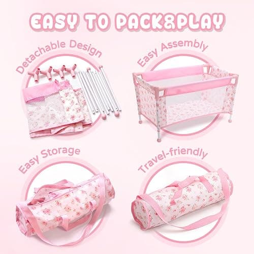 Baby Doll Crib for 12-18 Inch Dolls, Chyyeerkidd Pack and Play Pink Floral Baby Doll Bed with Carry Bag, Travel-Friendly Reborn Baby Doll Accessories for Girls Ages 3+, Easy Assembly (White) thumbnail 5