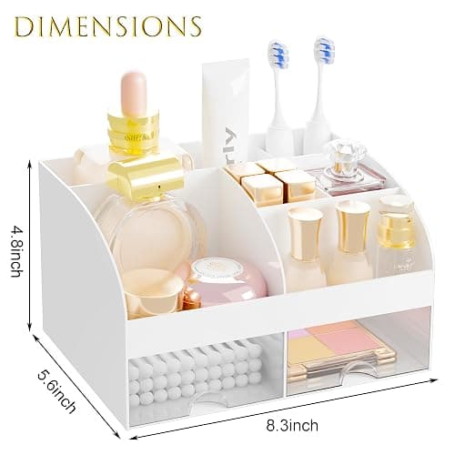 Makeup Organizer with 2 Drawers, Cosmetic Storage for Dresser Vanity and Bathroom Countertop,Make up organization and Skincare Storage with Beauty Brush Holder, Cosmetic Display Case (White) thumbnail 3